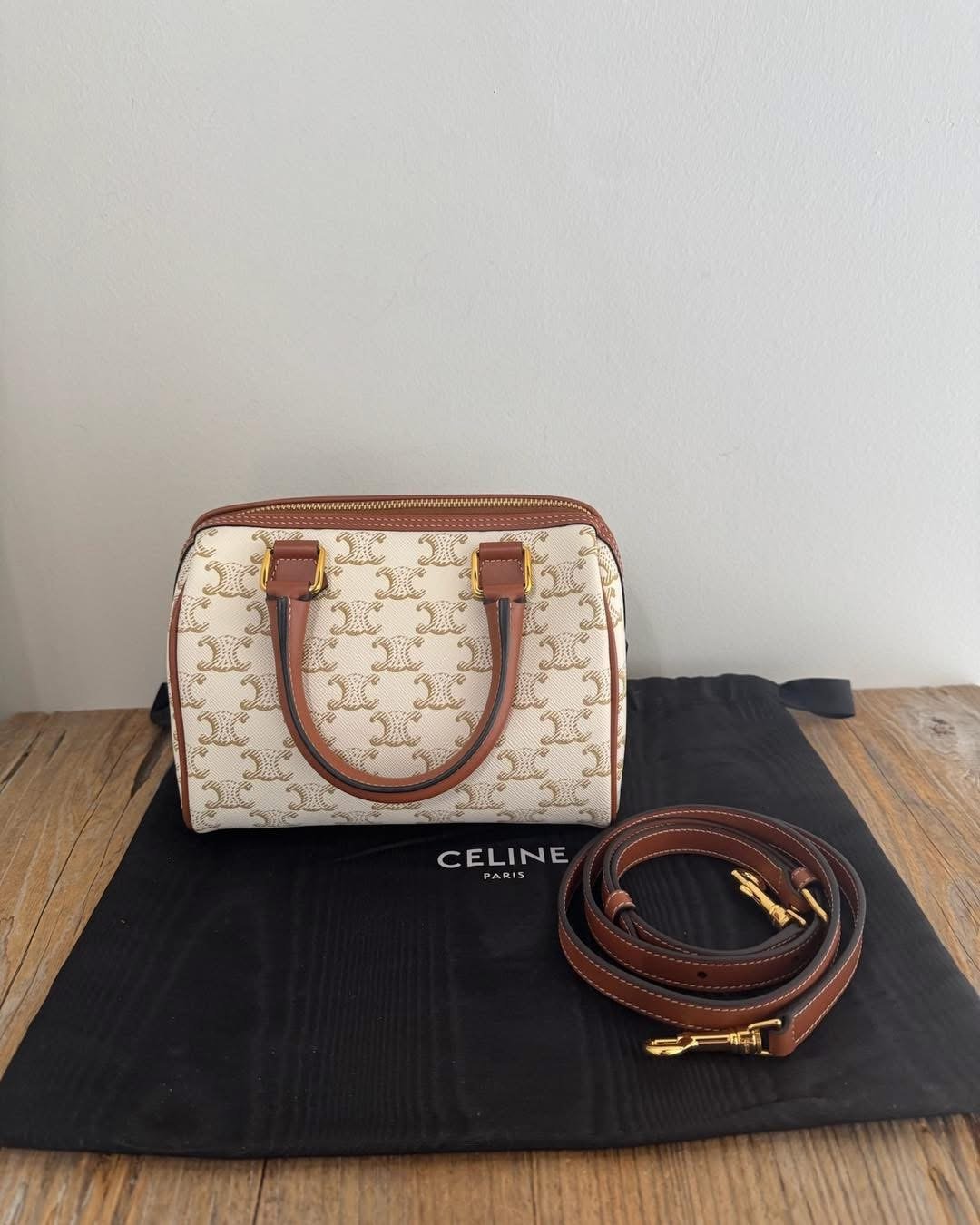 Triomphe Canvas Calfskin Small Boston Bag White