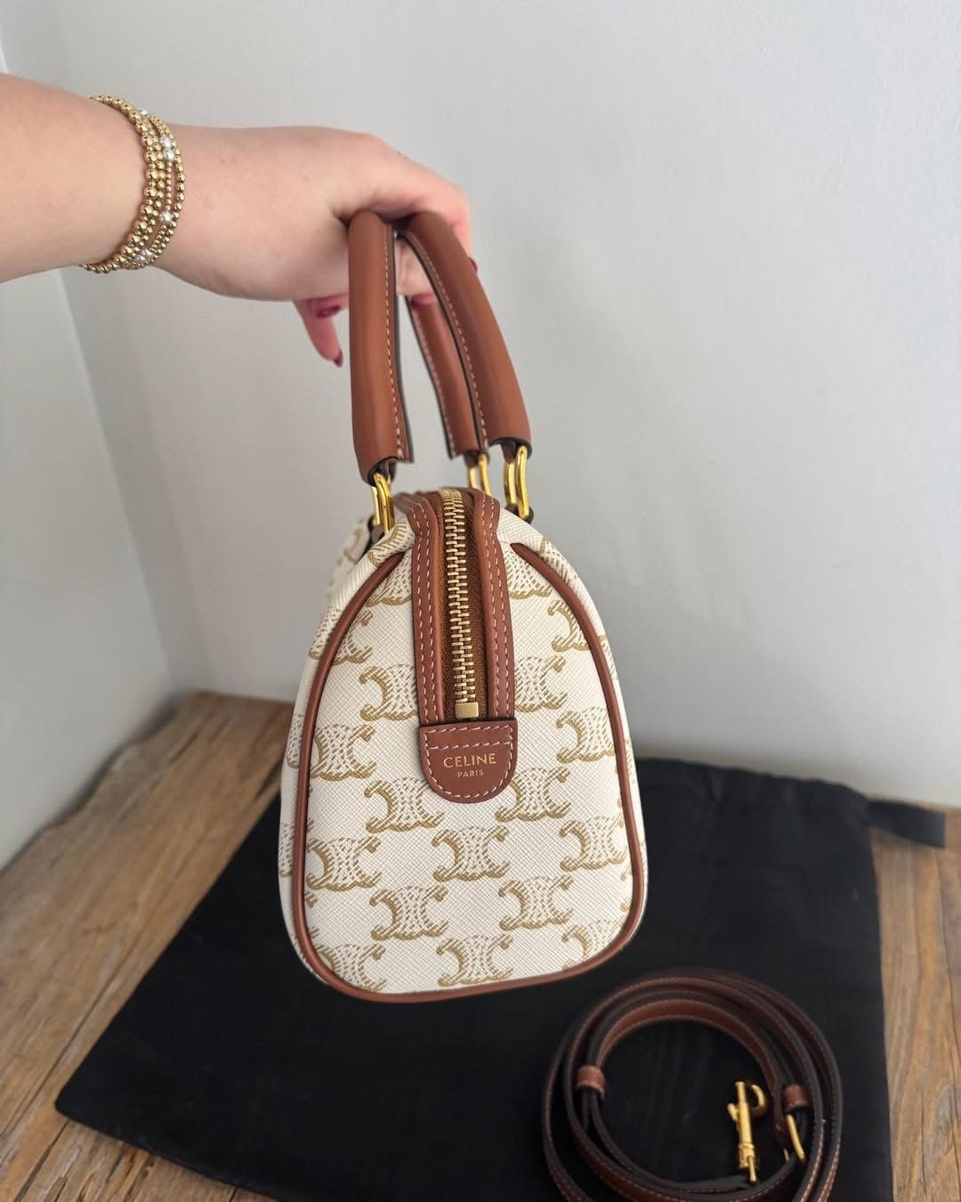 Triomphe Canvas Calfskin Small Boston Bag White