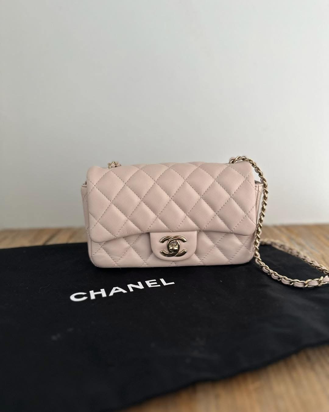 Chanel Mini Rectangular Flap Bag Light Beige Lambskin Gold Hardware