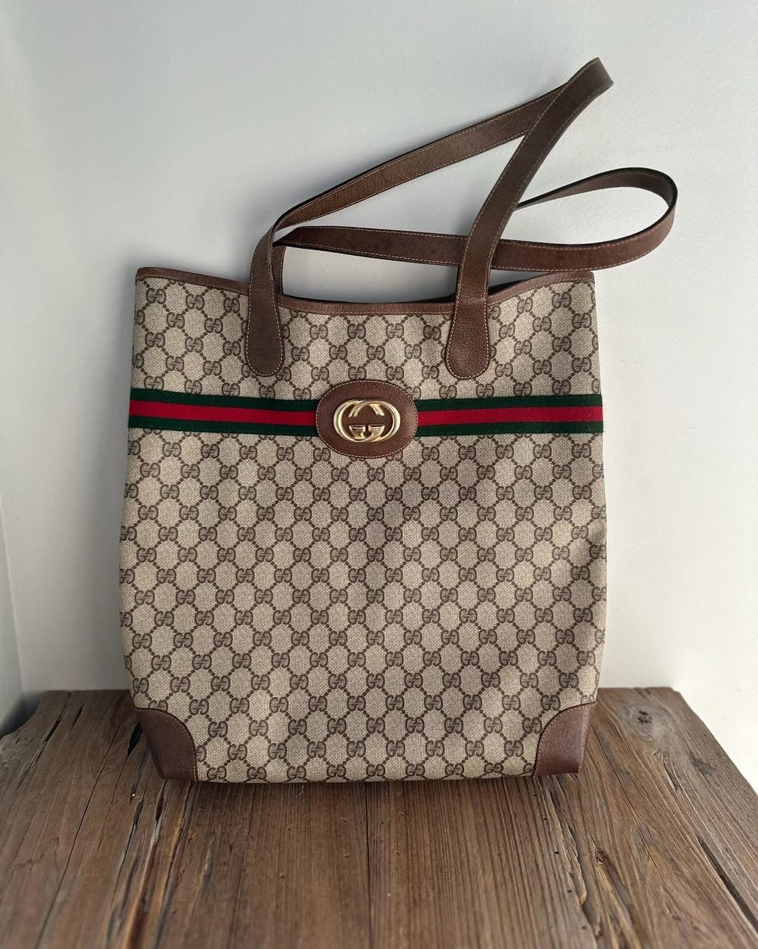 Auth Gucci Old Handbag Tote Bag Brown GG CANVAS LEATHER ITALY