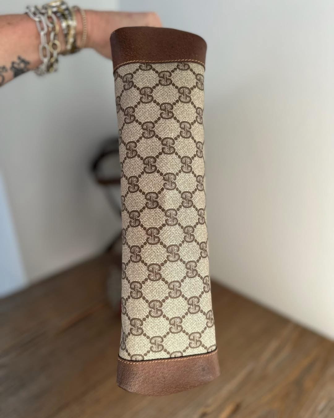 Auth Gucci Old Handbag Tote Bag Brown GG CANVAS LEATHER ITALY